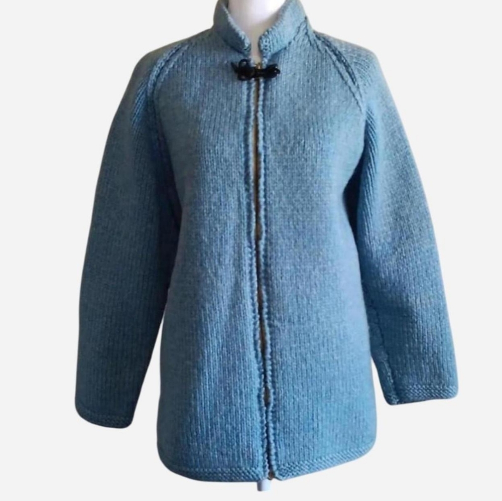 60s 70s Blue Knit Full Zip Cardigan Sweater Jacket, Fall Vintage Winter Knitwear